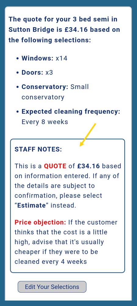 Screenshot of advisory messages on staff version of window cleaning cost calculator