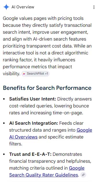 Screenshot of Google AI summary about websites using pricing calculators